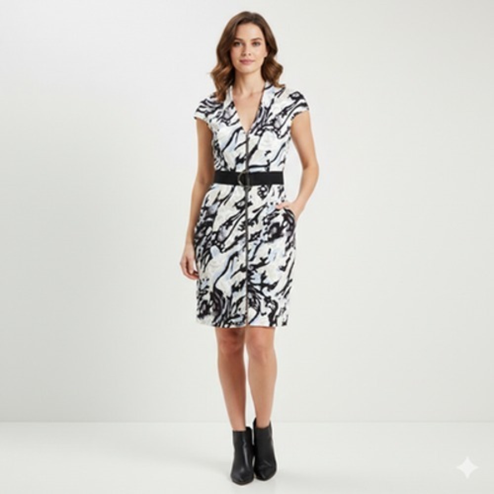 Karen Millen Dress Womens 8 White Blue Animal Print Zip Belted Sheath Geometric